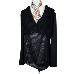 Rafaella Studio Black Ponte Knit Faux Leather Drape Front Jacket Women's Sz 12